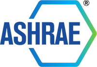 The ASHRAE logo featuring the word 'ASHRAE' in blue capital letters, adjacent to a geometric hexagon outline transitioning from blue to green.