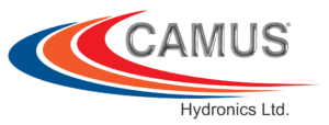 Logo of Camus Hydronics Ltd. featuring metallic grey text 'CAMUS' with a registered trademark symbol, and three swooping stripes in blue, orange, and red, above the text 'Hydronics Ltd.' in black on a transparent background.
