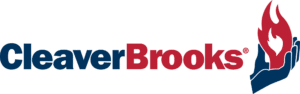 CleaverBrooks logo with text in blue and red and an illustration of a flame held by a blue hand on the right side.