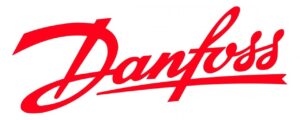 The image shows the Danfoss logo, featuring the brand name in a stylized red cursive font against a white background.