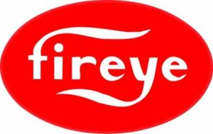 A logo featuring the word 'fireye' in lowercase white letters centered on a red oval background with stylized curves on the letters.