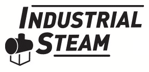 Logo featuring the words 'Industrial Steam' in bold black font with an icon of a steam boiler on the left side, above a green rectangular shape.
