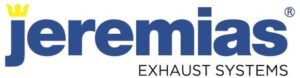 Logo of Jeremias with the word 'jeremias' in bold blue letters, featuring a small yellow crown on the letter 'j', and the words 'Exhaust Systems' in smaller black letters beneath it.