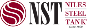 Logo of Niles Steel Tank featuring a maroon circular emblem with a white wavy design, next to the bold black letters 'NST'. To the right, the words 'Niles Steel Tank' are written in bold, maroon font, with 'Since 1898' in smaller letters underneath.