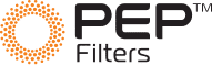 Logo of PEP Filters featuring the text 'PEP Filters' next to a circular design composed of orange dots.