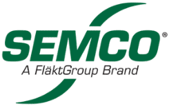 Logo of SEMCO, a FläktGroup brand, featuring the text 'SEMCO' in large green letters with a curved green line, and 'A FläktGroup Brand' below in smaller green text.