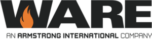 The logo for WARE, an Armstrong International company, featuring bold black letters with a stylized orange flame representing the letter 'A'. The tagline 'An Armstrong International Company' is shown below in smaller text.