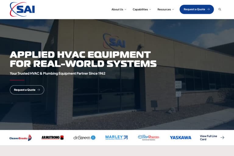 Front view of the SAI company building with a sign that reads 'Applied HVAC Equipment for Real-World Systems' and a call-to-action button for 'Request a Quote'. The building has modern architecture with a large windowed facade. Partner logos such as CleaverBrooks, Armstrong, and others are visible at the bottom.