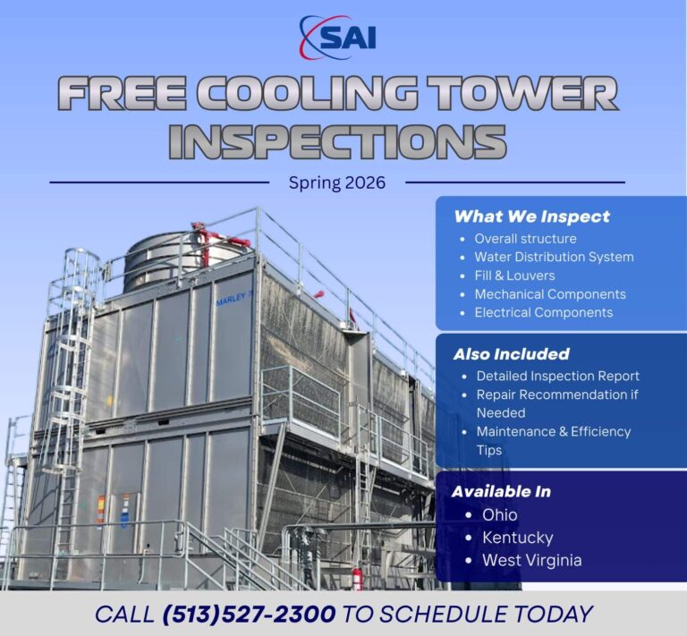 Promotional image for SAI's free cooling tower inspections in spring 2026. Features a large cooling tower structure with visible metal components. Text highlights inspection details including overall structure, water distribution system, fill & louvers, mechanical components, and electrical components. Additional services include a detailed inspection report and repair recommendations. Available in Ohio, Kentucky, and West Virginia. Contact number provided for scheduling.